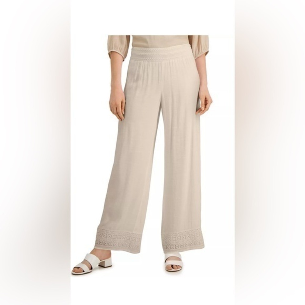 JM Collection Women's Crochet‎ Trim Wide Leg Pants Size Large Beige Flowy Lined